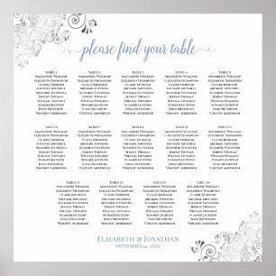 14 Table Frilly Wedding Seating Chart White & Blue
