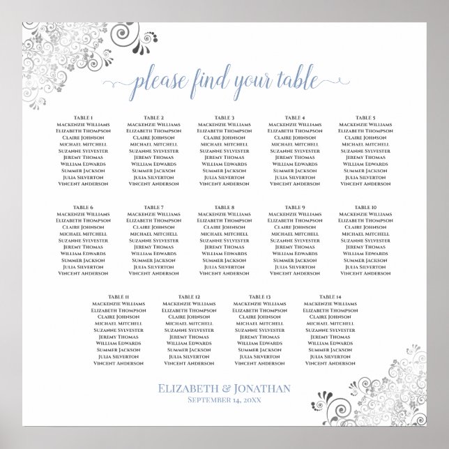 14 Table Frilly Wedding Seating Chart White & Blue (Front)