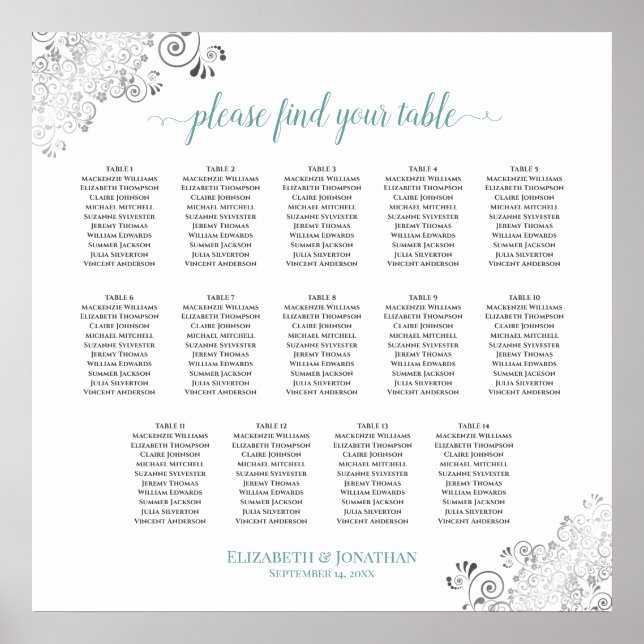 14 Table Frilly Wedding Seating Chart White & Teal (Front)