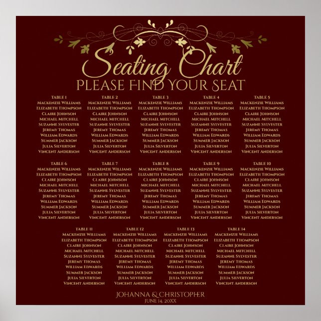 14 Table Gold & Auburn Brown Wedding Seating Chart (Front)
