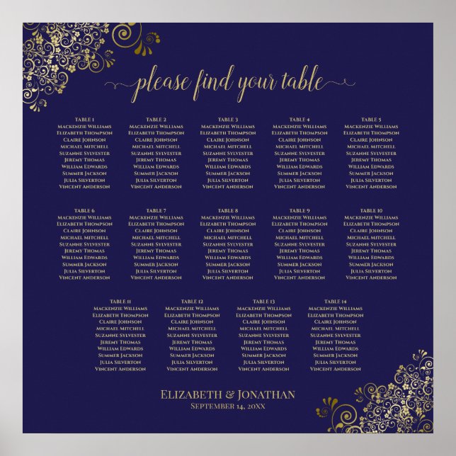 14 Table Lacy Gold Wedding Seating Chart Navy Blue (Front)