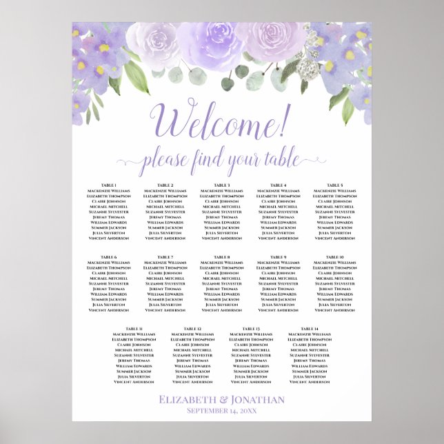 14 Table Lavender Floral Wedding Seating Chart (Front)