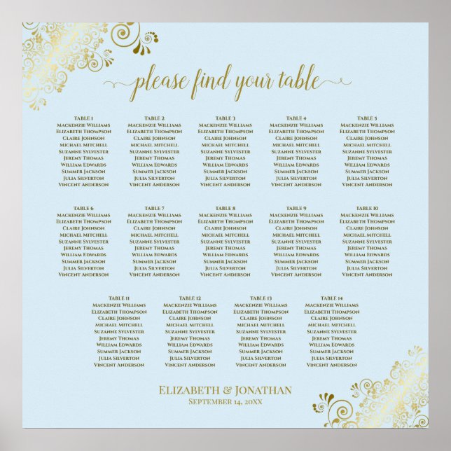 14 Table Powder Blue & Gold Wedding Seating Chart (Front)