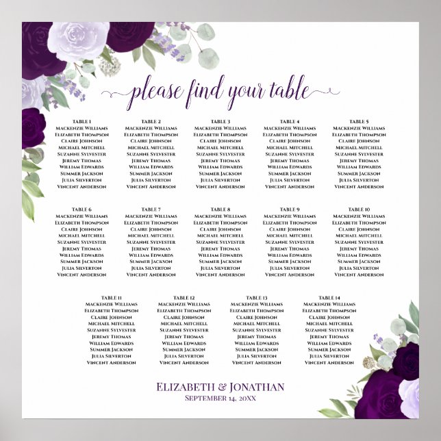 14 Table Purple Boho Floral Wedding Seating Chart (Front)