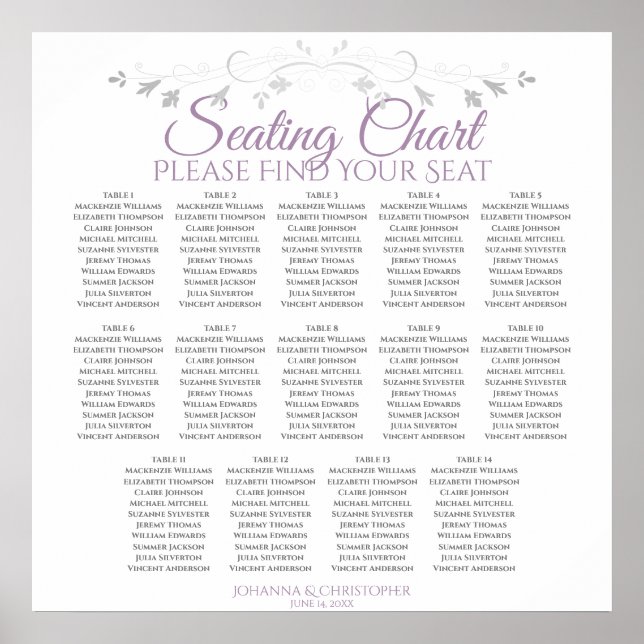 14 Table Purple & Grey Wedding Seating Chart (Front)