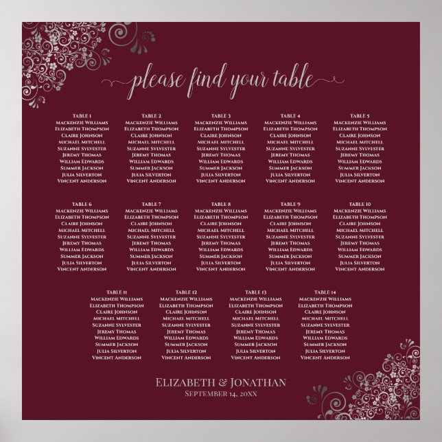 14 Table Silver on Burgundy Wedding Seating Chart (Front)