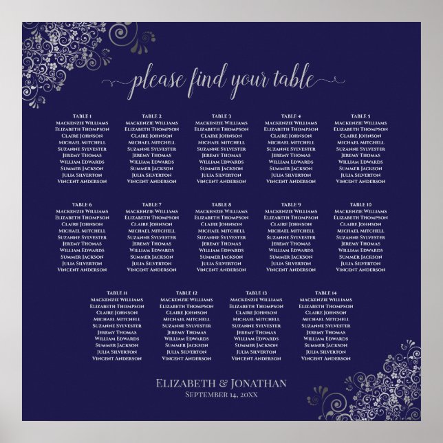 14 Table Silver on Navy Blue Wedding Seating Chart (Front)