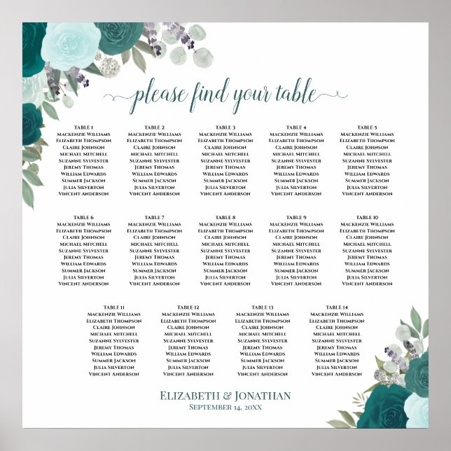 14 Table Teal Boho Floral Wedding Seating Chart (Front)