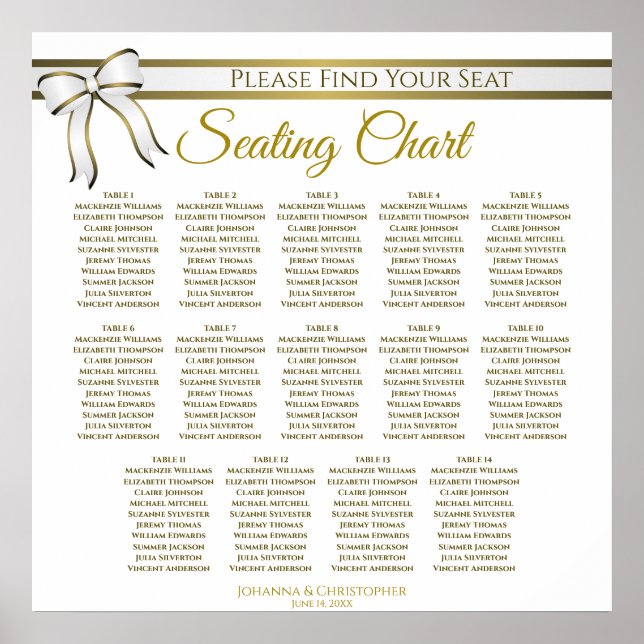 14 Table White & Gold Ribbon Wedding Seating Chart (Front)