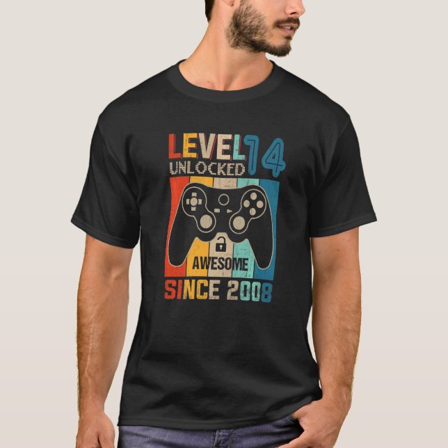 14 Year Old Boy Level 14 Unlocked Awesome 2008 Bir T-Shirt (Front)