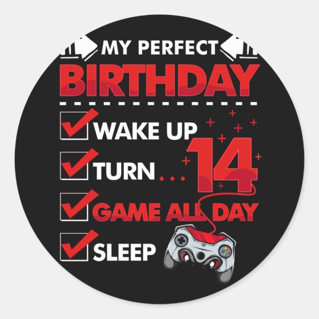 14 Year Old Gamer Boy 14th Perfect Birthday Gaming Classic Round Sticker (Front)