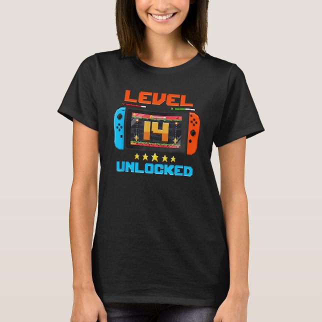 14 Year Old Level 14 Unlocked 14th Birthday Boy Vi T-Shirt (Front)