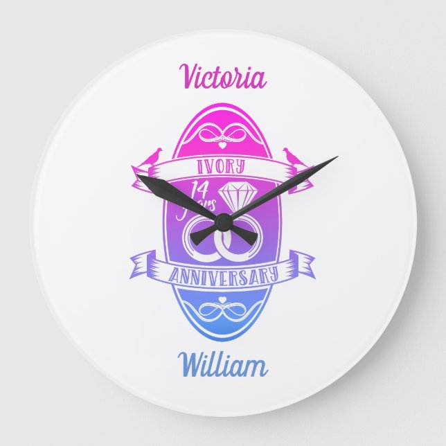 14 Year traditional ivory 14th wedding anniversary Large Clock (Front)