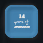 14 Years of Awesome - Blue 14th Birthday Paper Plate<br><div class="desc">These blue 14th birthday paper plates which say 14 years of awesome in white against the blue background make a fun birthday party decor touch to his fourteenth birthday.</div>