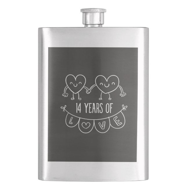 14th Anniversary Gift Chalk Hearts Hip Flask (Front)