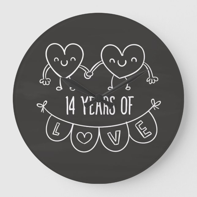14th Anniversary Gift Chalk Hearts Large Clock (Front)