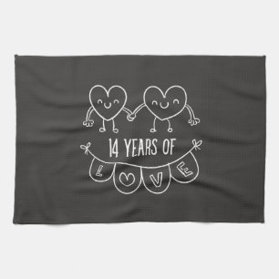 14th Anniversary Gift Chalk Hearts Tea Towel