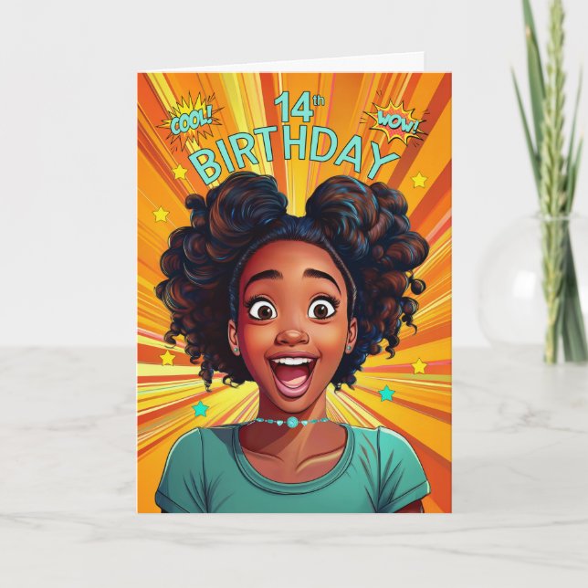 14th Birthday African American Girl Pop Art Style Card (Front)
