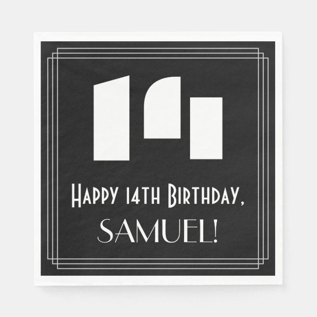 14th Birthday: Art Deco Inspired Look "14" + Name Napkin (Front)