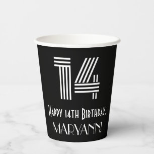 14th Birthday — Art Deco Inspired Look “14” + Name Paper Cups
