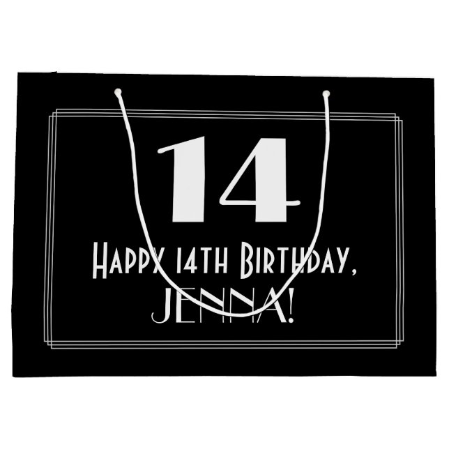 14th Birthday: Art Deco Inspired Style "14", Name Large Gift Bag (Back)