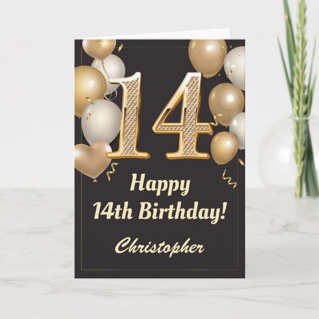 14th Birthday Black and Gold Balloons Confetti Card (Front)
