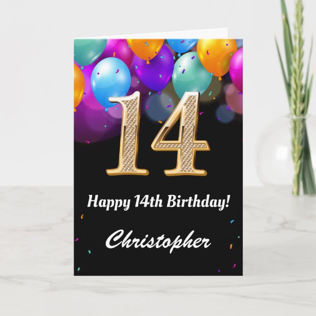 14th Birthday Black and Gold Colourful Balloons Card (Front)