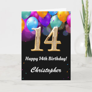 14th Birthday Black and Gold Colourful Balloons Card