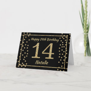 14th Birthday Black and Gold Glitter Confetti Card