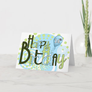 14th Birthday Blue and Green Trendy Typography Card