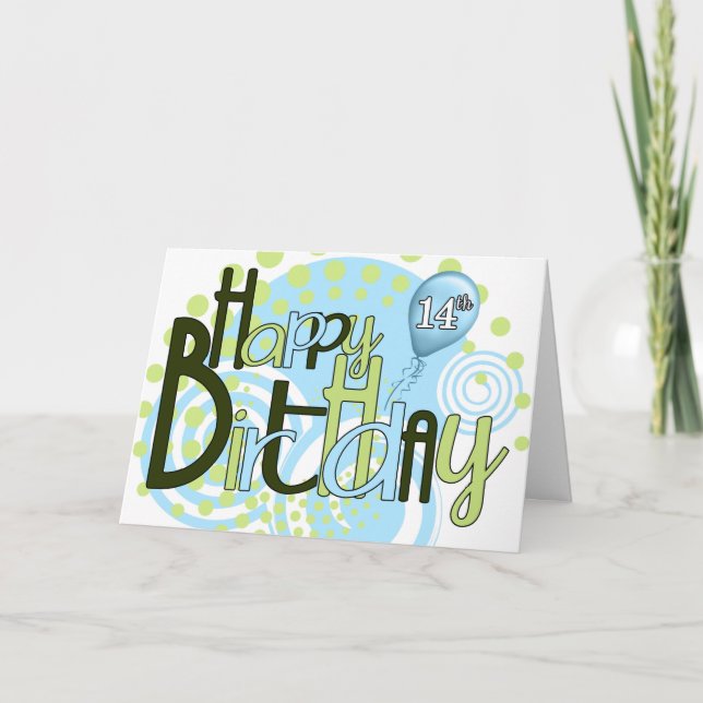 14th Birthday Blue and Green Trendy Typography Card (Front)