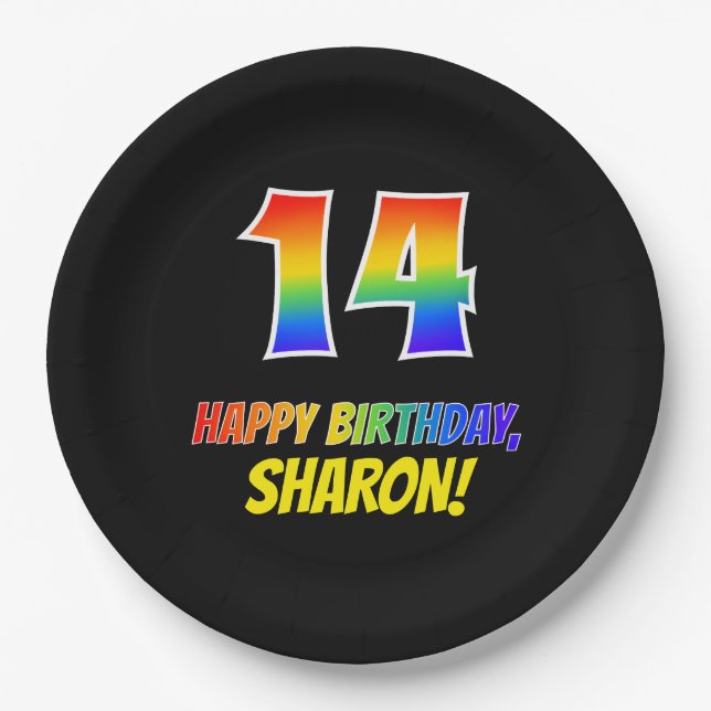 14th Birthday: Bold, Fun, Simple, Rainbow 14 Paper Plate (Front)