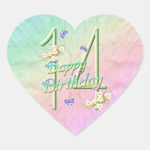 14th Birthday Butterflies and Rainbows Heart Stick Heart Sticker