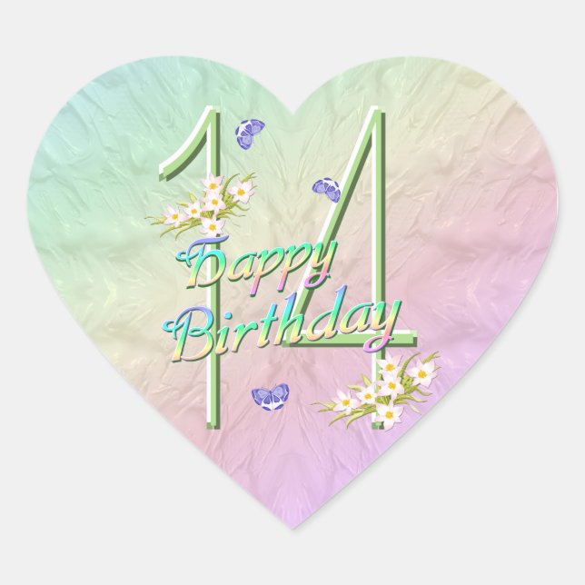 14th Birthday Butterflies and Rainbows Heart Stick Heart Sticker (Front)