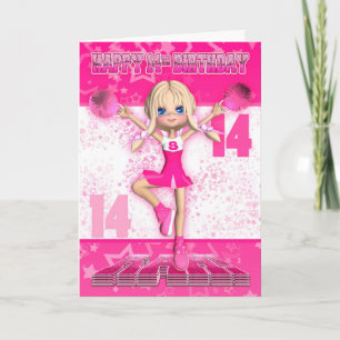 14th Birthday Cheerleader Dancing, Stars In Pinks Card
