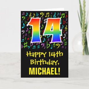14th Birthday: Colorful Music Symbols + Rainbow 14 Card