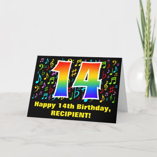14th Birthday: Colorful Music Symbols & Rainbow 14 Card (Front)
