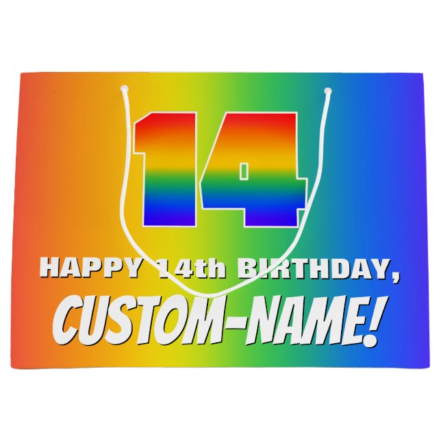 14th Birthday: Colourful, Fun Rainbow Pattern # 14 Large Gift Bag (Front)