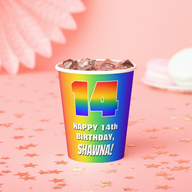 14th Birthday: Colourful, Fun Rainbow Pattern # 14 Paper Cups (Insitu)
