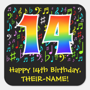 14th Birthday: Colourful Music Symbols, Rainbow 14 Square Sticker