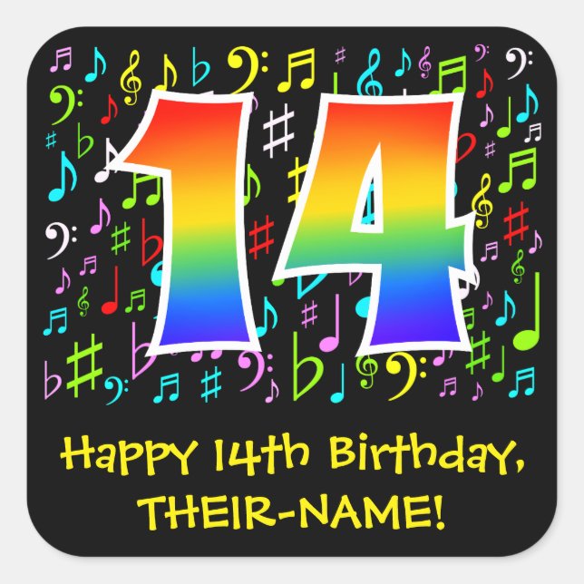 14th Birthday: Colourful Music Symbols, Rainbow 14 Square Sticker (Front)