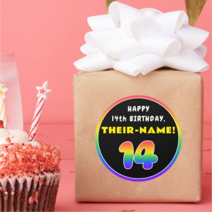 14th Birthday: Colourful Rainbow # 14, Custom Name Classic Round Sticker