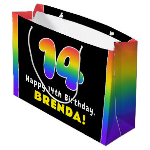 14th Birthday: Colourful Rainbow # 14, Custom Name Large Gift Bag