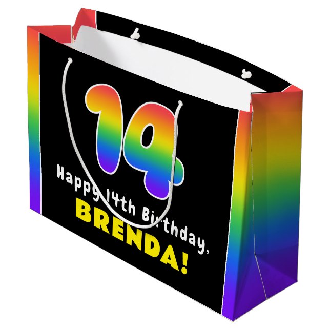 14th Birthday: Colourful Rainbow # 14, Custom Name Large Gift Bag (Back Angled)