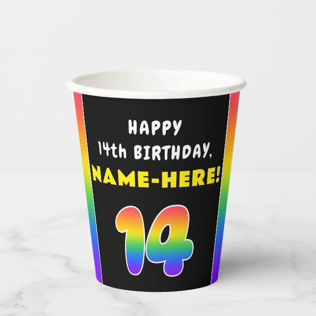14th Birthday: Colourful Rainbow # 14, Custom Name Paper Cups (Front)