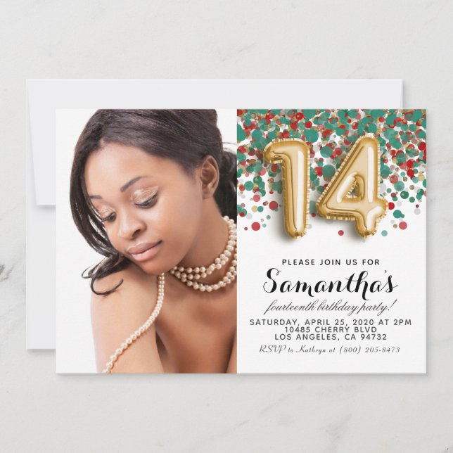 14th Birthday Confetti Gold Portrait Invitation (Front)