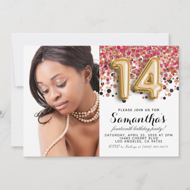 14th Birthday Confetti Gold Portrait Invitation (Front)