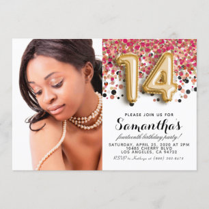 14th Birthday Confetti Gold Portrait Invitation