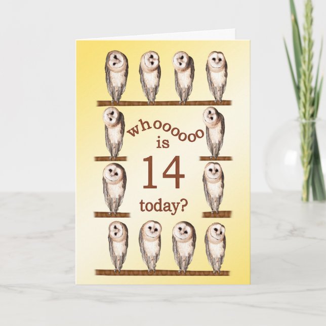 14th birthday, Curious owls card. Card (Front)