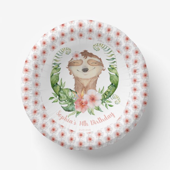 14th birthday cute sloth girls name paper plate (Front)